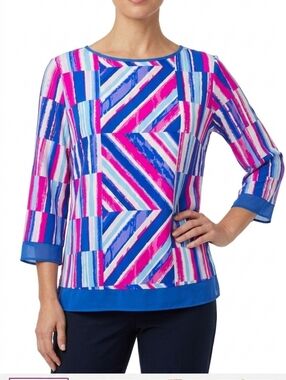 Bob Mackie Wearable Art In Pink and Blue Abstract 3/4 Sleeve Tunic Women's M
